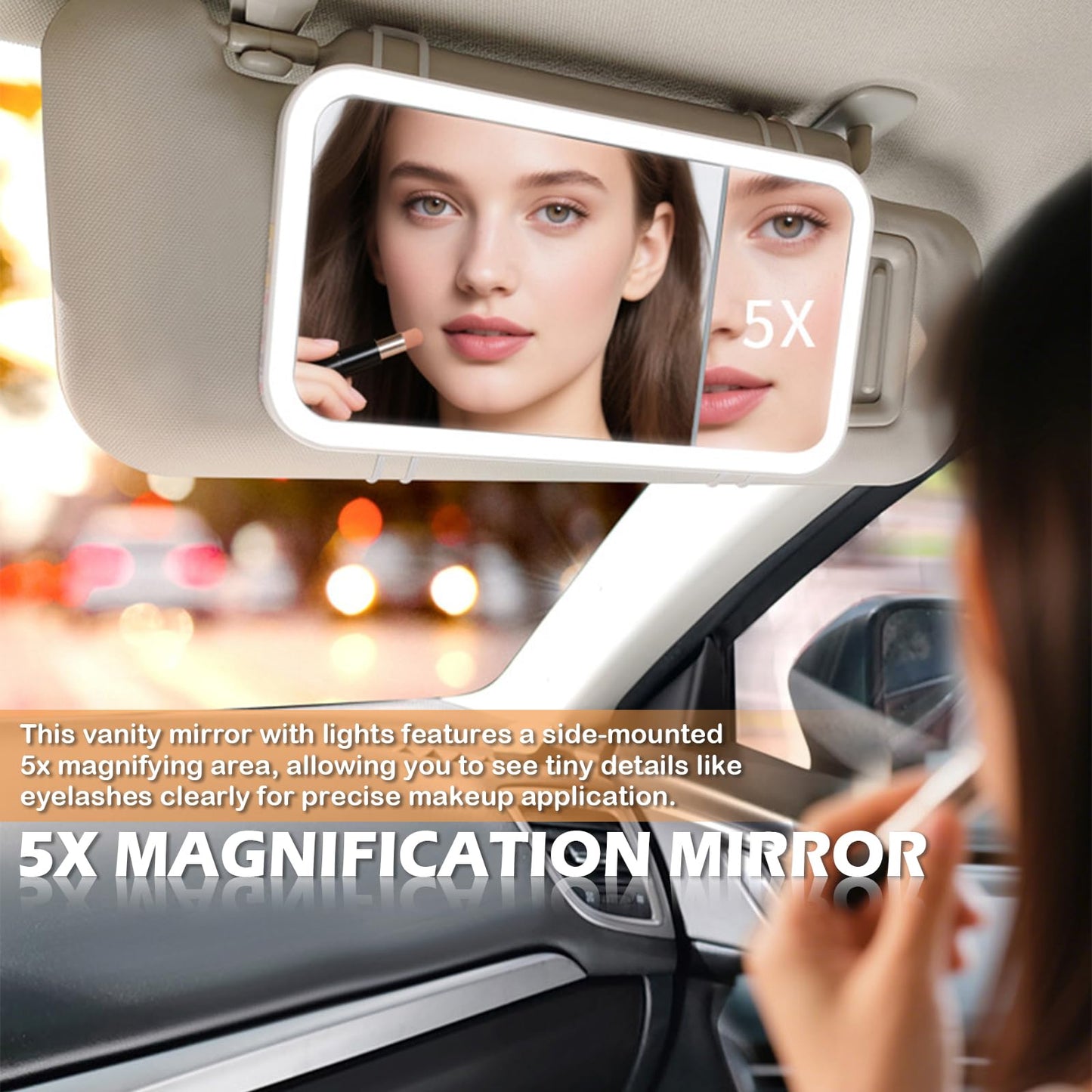 Car Sun Visor Vanity Mirror, 3 Light Modes, Rechargeable Dimmable Touch Screen Travel Makeup Mirror,Universal for Truck SUV-Car Accessories Essentials for Women(White/Pink)