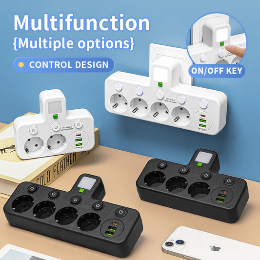 7-in-1 Multi-Function USB Power Socket with Multi-Switch Control Design, Travel Adapter, USB Converter Outlet, Independent Switch, Suitable for Work/Home