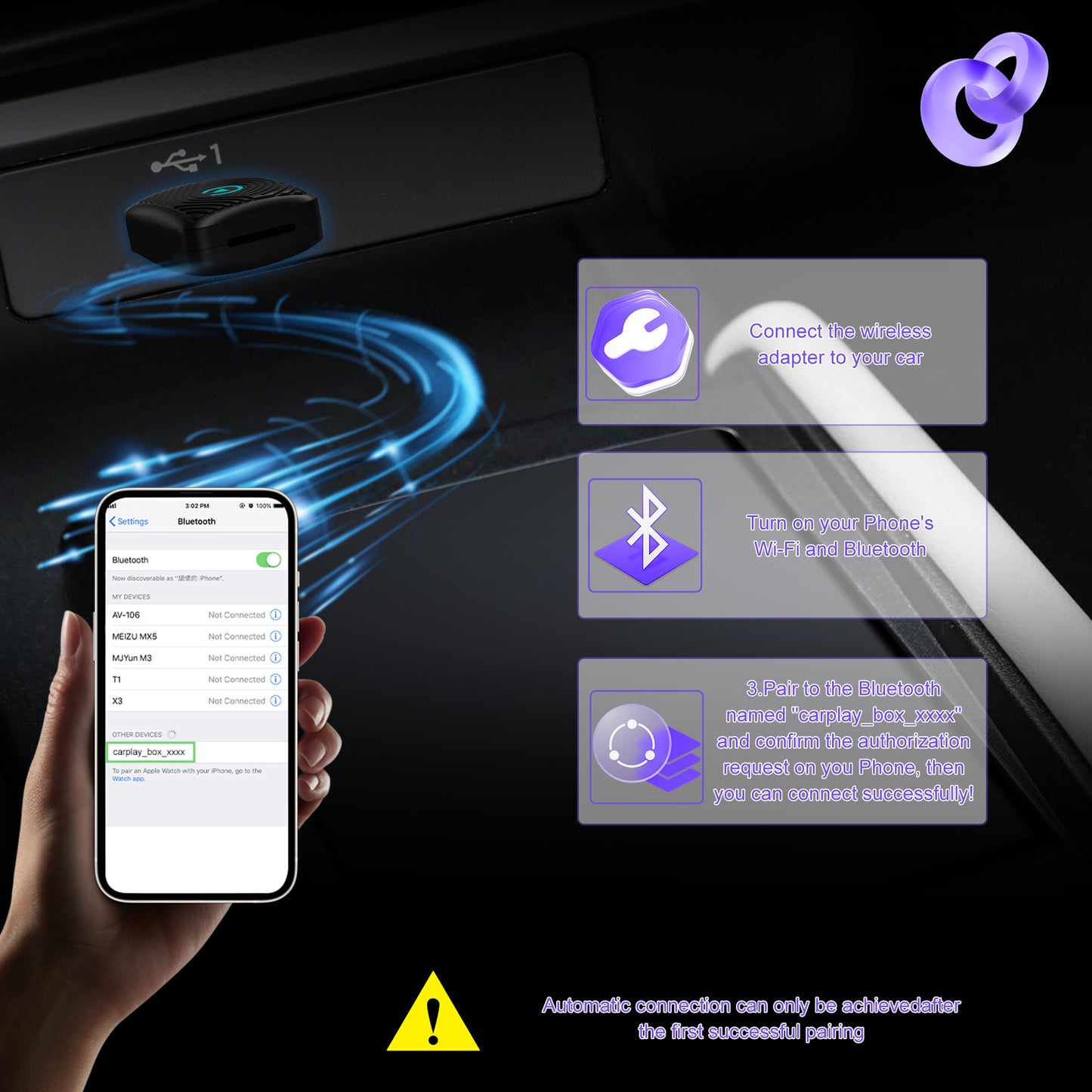 Wireless Carplay Adapter, Convert Wired to Wireless CarPlay, Compatible with CarPlay, Plug and Play, Type-C/USB, Suitable for 800+ Vehicles