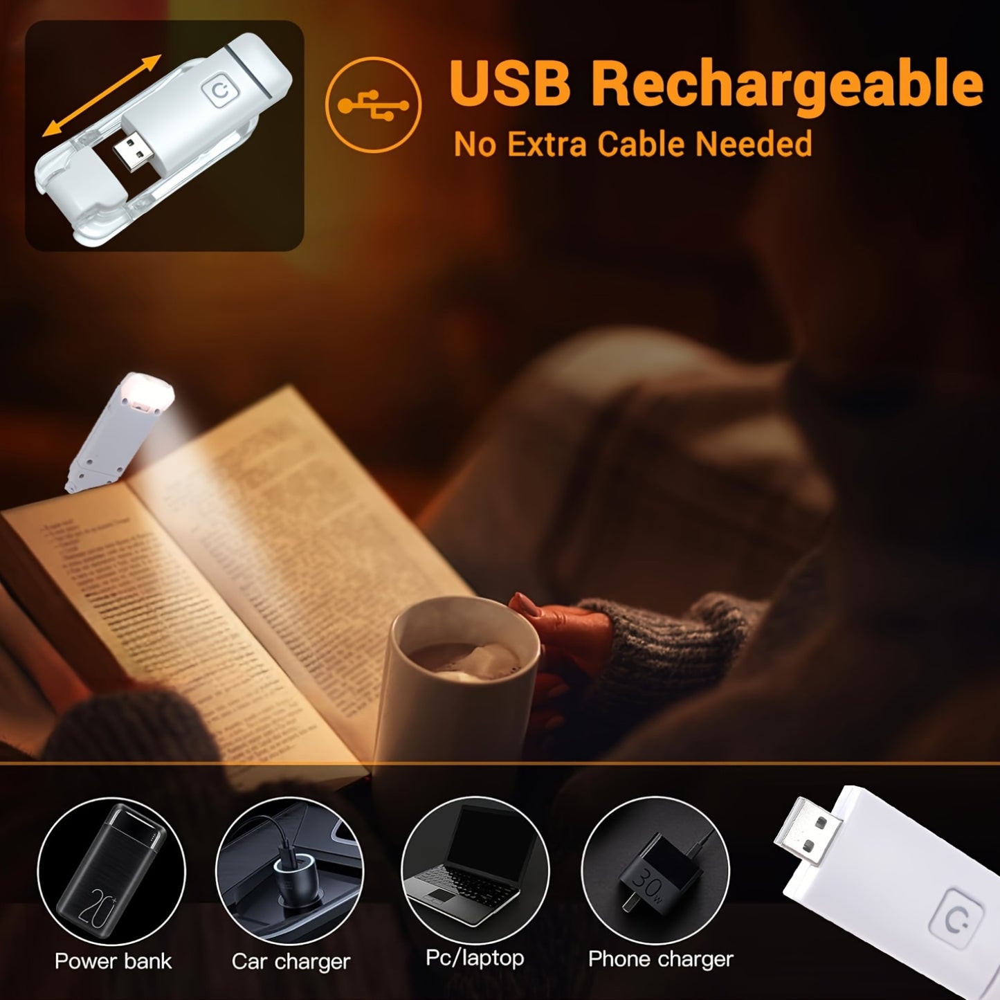 2pcs USB Rechargeable Book Light for Reading in Bed, LED Book Reading Lights with Clip, Perfect for Bookworms, Kids, Warm White, Brightness Adjustable