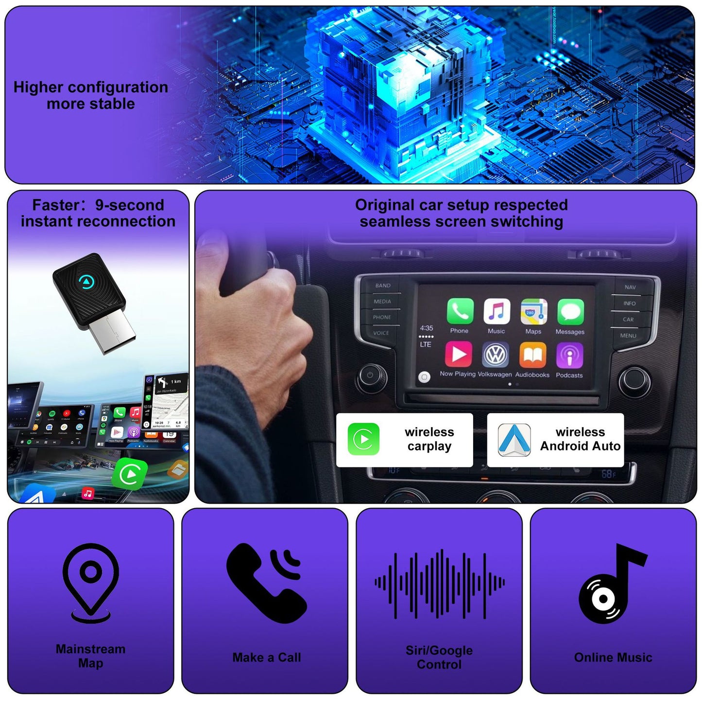 Wireless Carplay Adapter, Convert Wired to Wireless CarPlay, Compatible with CarPlay, Plug and Play, Type-C/USB, Suitable for 800+ Vehicles