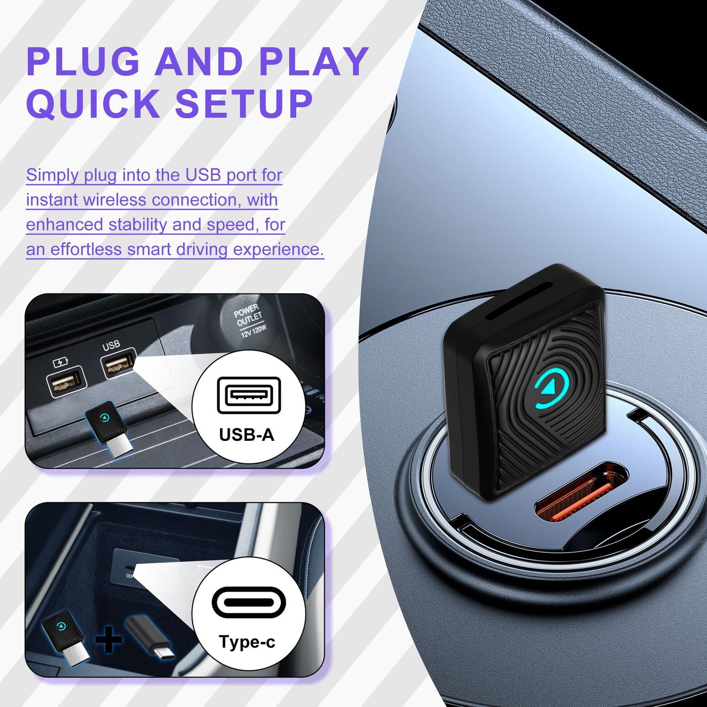 Wireless Carplay Adapter, Convert Wired to Wireless CarPlay, Compatible with CarPlay, Plug and Play, Type-C/USB, Suitable for 800+ Vehicles