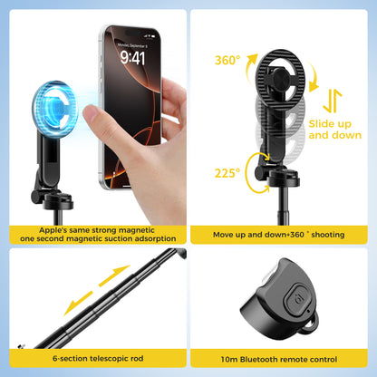 Upgrated 5-in-1 Magnetic Selfie Stick with Remote for Cell Phone 360° Rotation.Can Transforms into Mini Tripod/Camera Grip/Handheld Stabilizer/Phone Stand