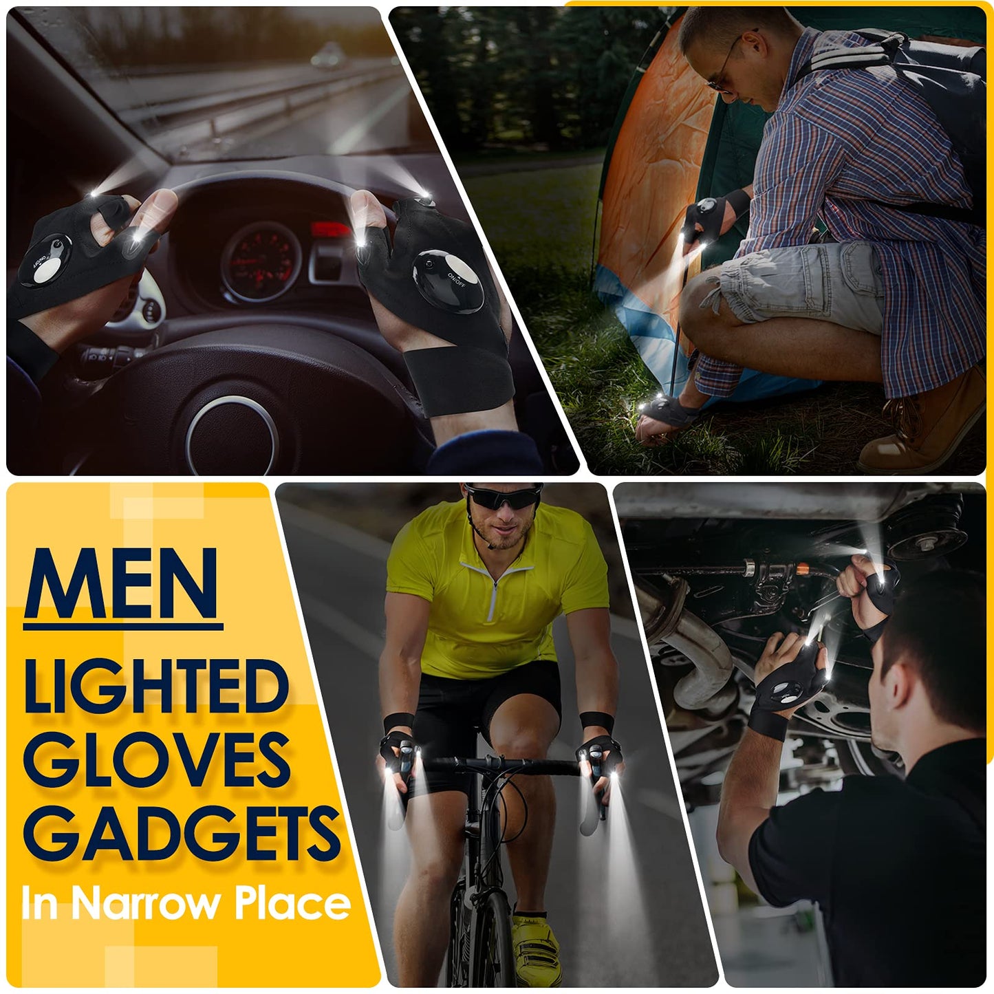 A pair of LED Flashlight Gloves, Father Day Gifts from Wife Daughter, Anniversary Birthday Gift for Men Dad Him Husband Boyfriend, Camping Essentials Cool Gadgets Tools for Fishing Repairing