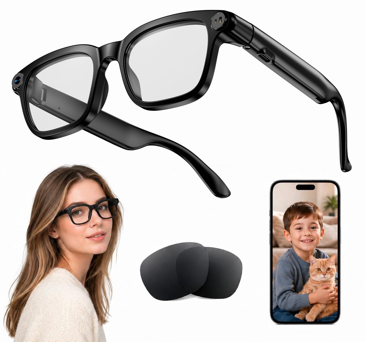 ⚡⚡⚡ AI Smart Glasses with 8MP Camera, 4K Video, Photo Capture, Real-Time Translation, Recording, AI Assistant, Open-Ear Audio, Bluetooth, Object Recognition, Replaceable Sunglasses Lenses for Men Women