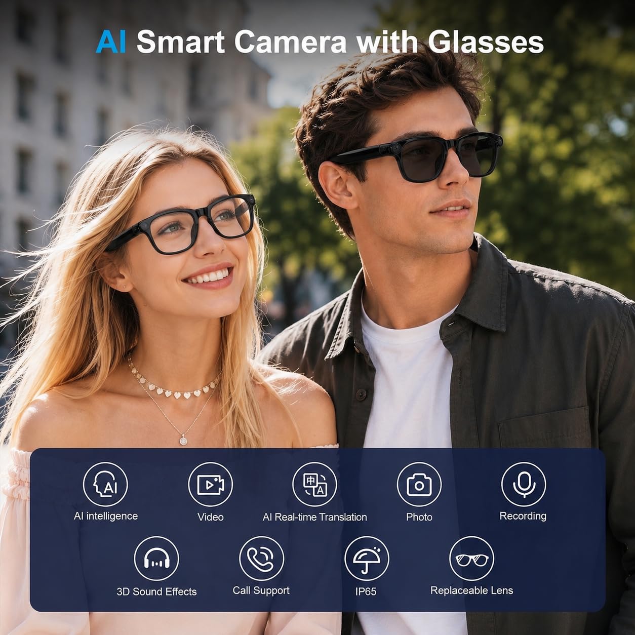 ⚡⚡⚡ AI Smart Glasses with 8MP Camera, 4K Video, Photo Capture, Real-Time Translation, Recording, AI Assistant, Open-Ear Audio, Bluetooth, Object Recognition, Replaceable Sunglasses Lenses for Men Women