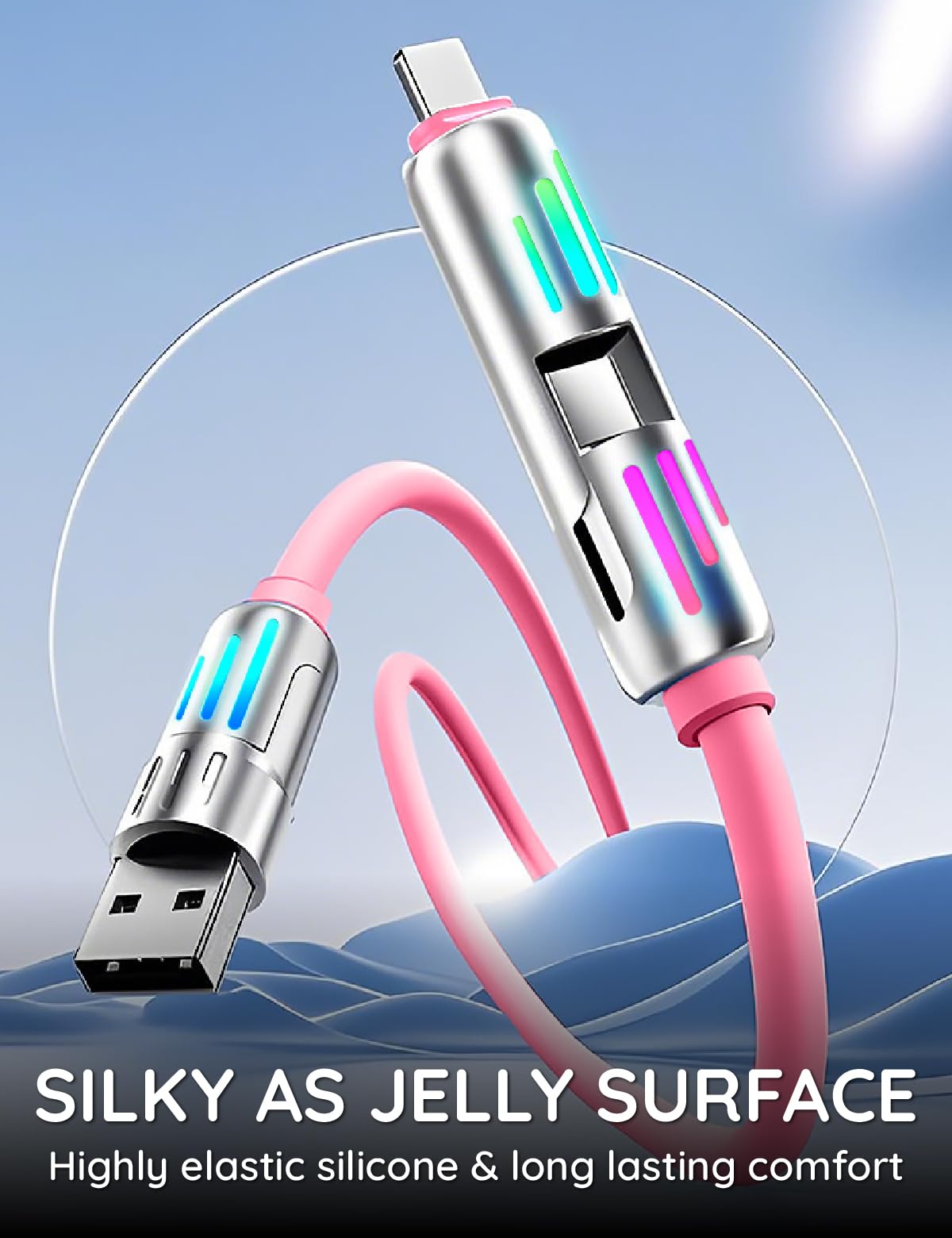 2pcs,240W 4-in-1 USB C Multi Charger Cable with LED Indicator,6.6ft, PD 5A Fast Charging & Data Sync, Silicone, Compatible for iPhone, Samsung, Laptop