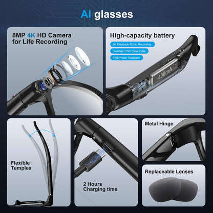 ⚡⚡⚡ AI Smart Glasses with 8MP Camera, 4K Video, Photo Capture, Real-Time Translation, Recording, AI Assistant, Open-Ear Audio, Bluetooth, Object Recognition, Replaceable Sunglasses Lenses for Men Women