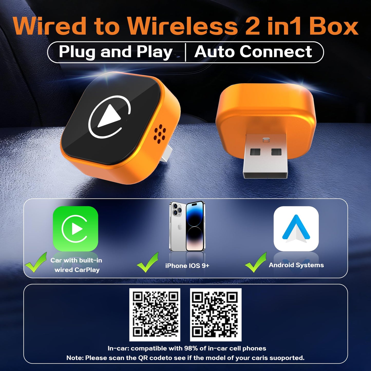 Wireless CarPlay Adapter, 2026 Upgraded Wired to Wireless for Apple CarPlay & Android Auto, Mini USB Design Car Play Adapter with Type-C Extension, Plug and Play, Stable Connection & No Latency