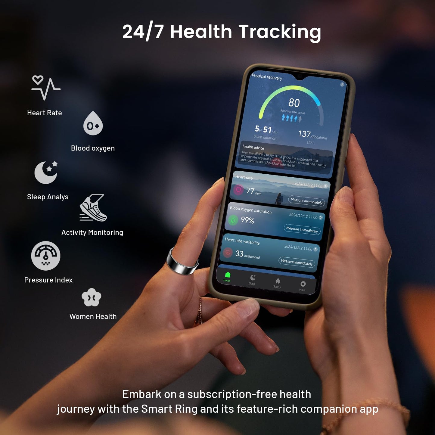 Smart Ring for Women & Men, Smart Ring Health Tracker, Blood Oxygen & Heart Rate Monitor, Long Lasting Battery Sleep Ring, Waterproof Fitness Ring