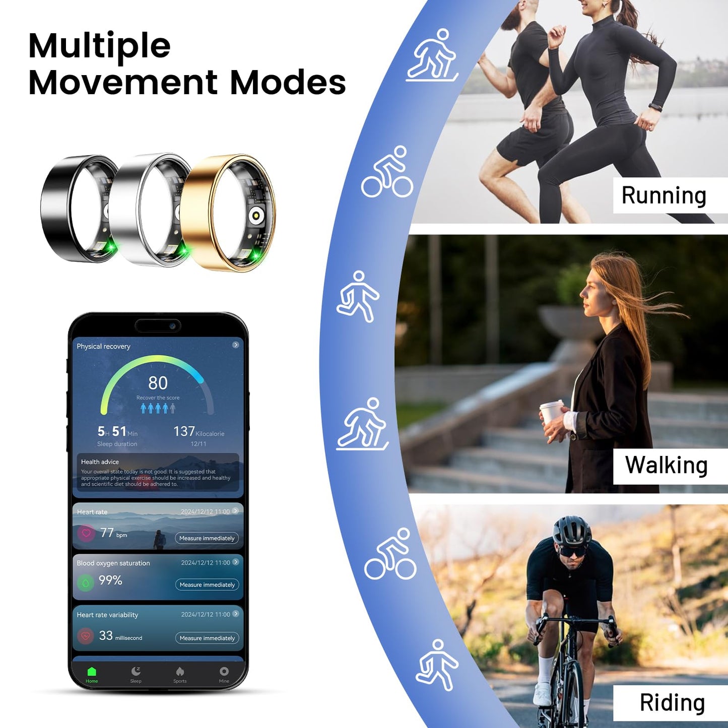 Smart Ring for Women & Men, Smart Ring Health Tracker, Blood Oxygen & Heart Rate Monitor, Long Lasting Battery Sleep Ring, Waterproof Fitness Ring