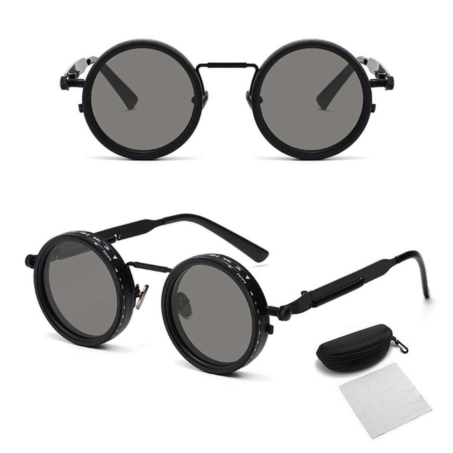 Adjustable Tint Sunglasses, 1–9 Gear Manual Dimming Polarized UV400, Retro Round Metal Frame Steampunk Sunglasses