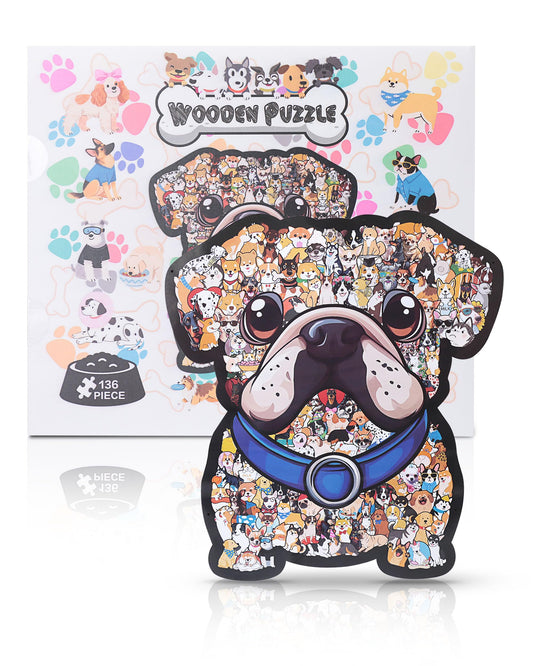 136-Piece Colored Dog/Cat Shaped Wooden Jigsaw Puzzle, Dogs Shaped Wooden Puzzle, Cute Animal Piece Wood Puzzle with Acrylic Cover, Creative Gifts for Dogs Lovers, Home Decor