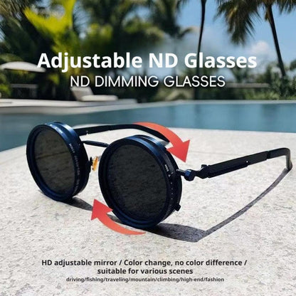 Adjustable Tint Sunglasses, 1–9 Gear Manual Dimming Polarized UV400, Retro Round Metal Frame Steampunk Sunglasses
