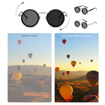 Adjustable Tint Sunglasses, 1–9 Gear Manual Dimming Polarized UV400, Retro Round Metal Frame Steampunk Sunglasses