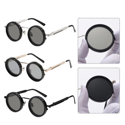 Adjustable Tint Sunglasses, 1–9 Gear Manual Dimming Polarized UV400, Retro Round Metal Frame Steampunk Sunglasses