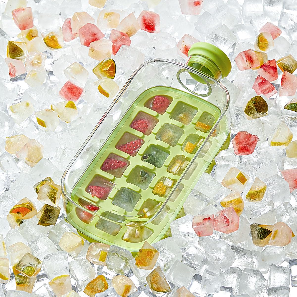 Ice Cube Bottle, 2in1 Touch Free Ice Cube Tray Water Bottle Come With Reusable Straw Tray Easy To Take Ice By Pressing Suitable For Coffee Juice Drinks